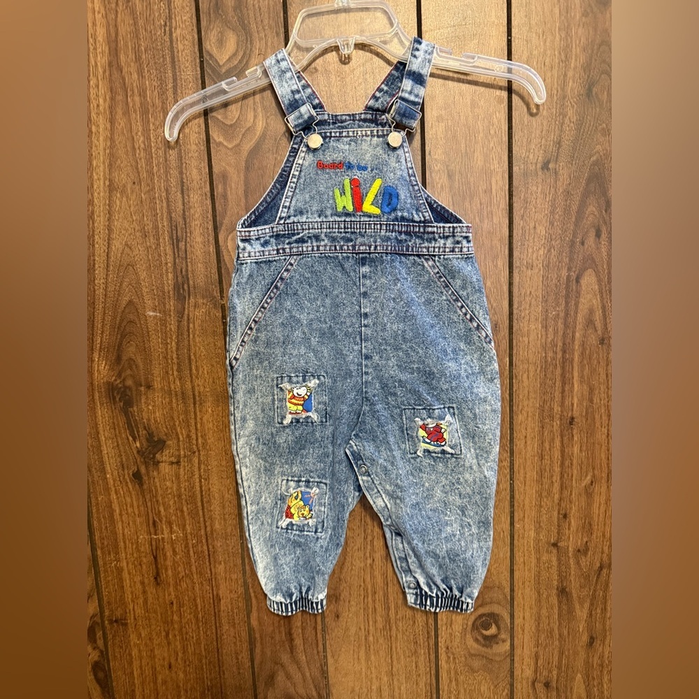 Buster Brown "Board To Be Wild" Embroidered Blue Acid Wash Denim Overall 18 Mos